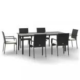 7 részes fekete polyrattan kerti étkezőgarnitúra párnával