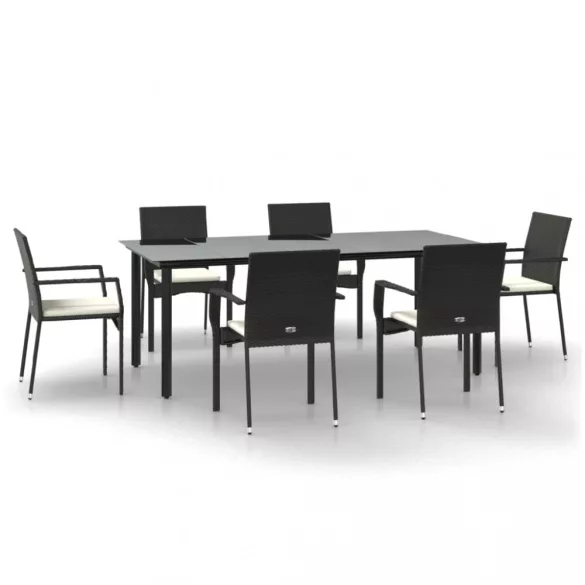 7 részes fekete polyrattan kerti étkezőgarnitúra párnával