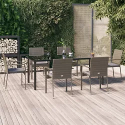   7 részes fekete és szürke polyrattan kerti étkezőszett párnával