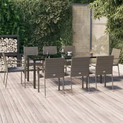   9 részes fekete és szürke polyrattan kerti étkezőszett párnával