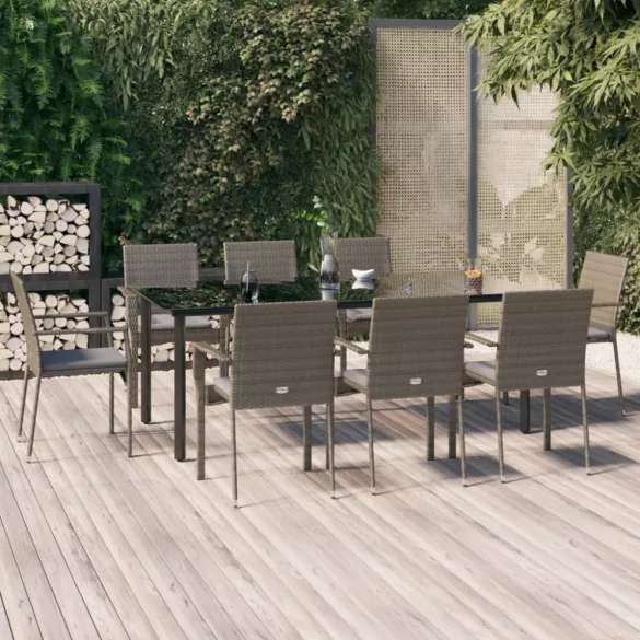 9 részes fekete és szürke polyrattan kerti étkezőszett párnával