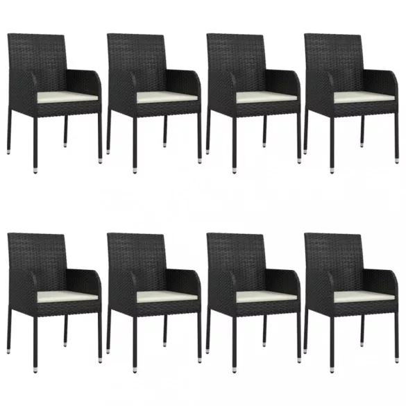 9 részes fekete polyrattan kerti étkezőgarnitúra párnákkal