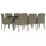 9 részes fekete és szürke polyrattan kerti étkezőszett párnával