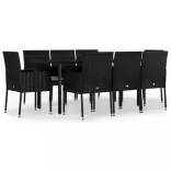 9 részes fekete polyrattan kerti étkezőgarnitúra párnákkal