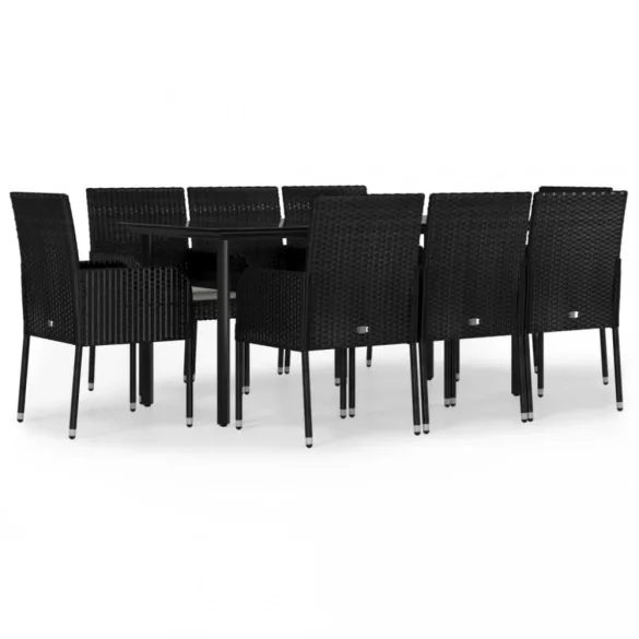 9 részes fekete polyrattan kerti étkezőgarnitúra párnákkal