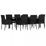 9 részes fekete polyrattan kerti étkezőgarnitúra párnákkal