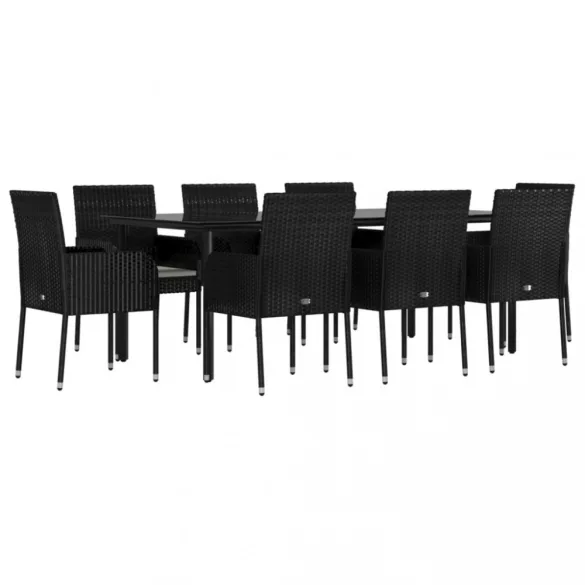 9 részes fekete polyrattan kerti étkezőgarnitúra párnákkal