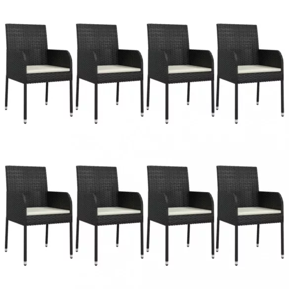 9 részes fekete polyrattan kerti étkezőgarnitúra párnákkal