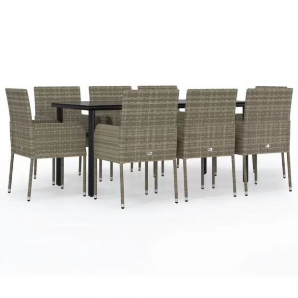 9 részes fekete és szürke polyrattan kerti étkezőszett párnával