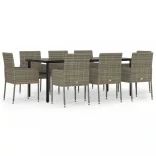 9 részes fekete és szürke polyrattan kerti étkezőszett párnával