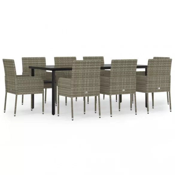 9 részes fekete és szürke polyrattan kerti étkezőszett párnával