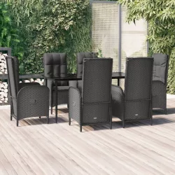  7 részes fekete polyrattan kerti étkezőgarnitúra párnával