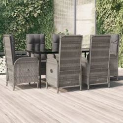   7 részes fekete és szürke polyrattan kerti étkezőszett párnával