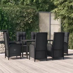   7 részes fekete polyrattan kerti étkezőgarnitúra párnával