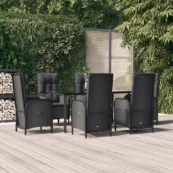   7 részes fekete polyrattan kerti étkezőgarnitúra párnával