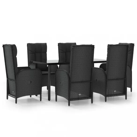 7 részes fekete polyrattan kerti étkezőgarnitúra párnával