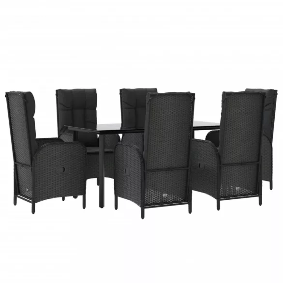 7 részes fekete polyrattan kerti étkezőgarnitúra párnával