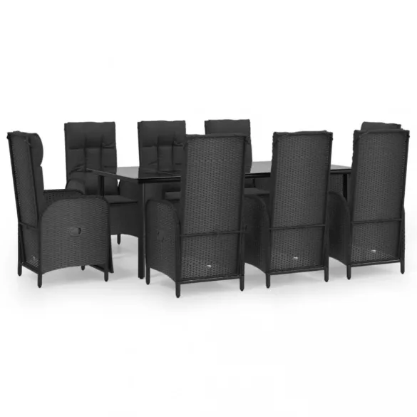 9 részes fekete polyrattan kerti étkezőgarnitúra párnákkal
