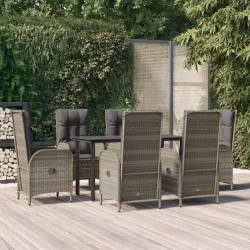   7 részes fekete és szürke polyrattan kerti étkezőszett párnával