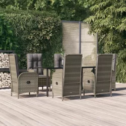   7 részes fekete és szürke polyrattan kerti étkezőszett párnával