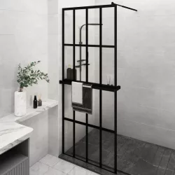   fekete ESG üveg és alumínium zuhanyfal polccal 80 x 195 cm