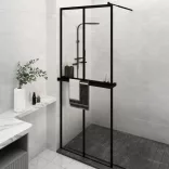 fekete ESG üveg és alumínium zuhanyfal polccal 80 x 195 cm