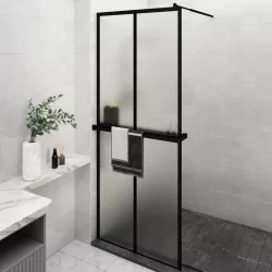   fekete ESG üveg és alumínium zuhanyfal polccal 80 x 195 cm