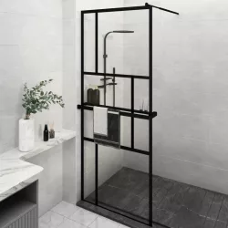   fekete ESG üveg és alumínium zuhanyfal polccal 80 x 195 cm