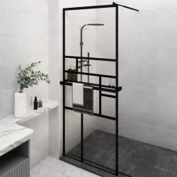   fekete ESG üveg és alumínium zuhanyfal polccal 80 x 195 cm