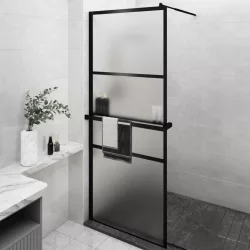   fekete ESG üveg és alumínium zuhanyfal polccal 80 x 195 cm