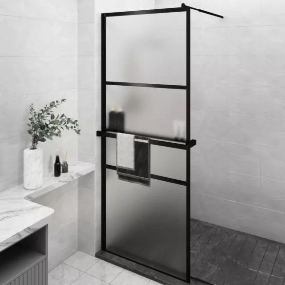 fekete ESG üveg és alumínium zuhanyfal polccal 80 x 195 cm
