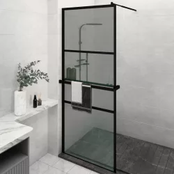   fekete ESG üveg és alumínium zuhanyfal polccal 80 x 195 cm