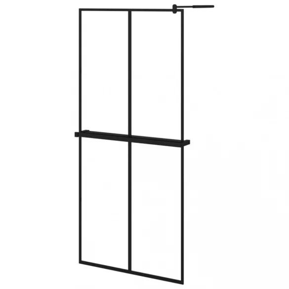 fekete ESG üveg és alumínium zuhanyfal polccal 90 x 195 cm