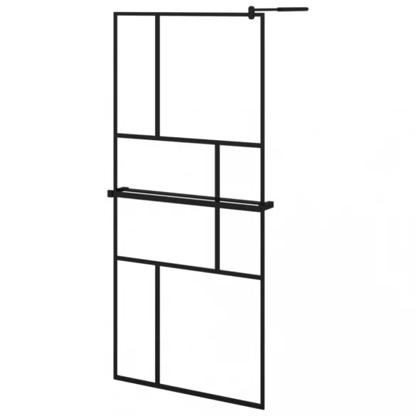 fekete ESG üveg és alumínium zuhanyfal polccal 90 x 195 cm