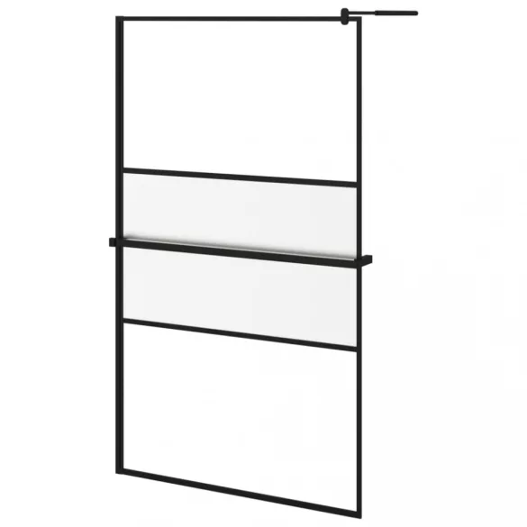 fekete ESG üveg és alumínium zuhanyfal polccal 115x195 cm