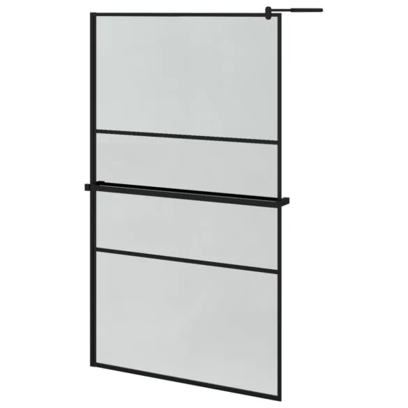 fekete ESG üveg és alumínium zuhanyfal polccal 115x195 cm