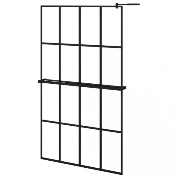 fekete ESG üveg és alumínium zuhanyfal polccal 118 x 190 cm