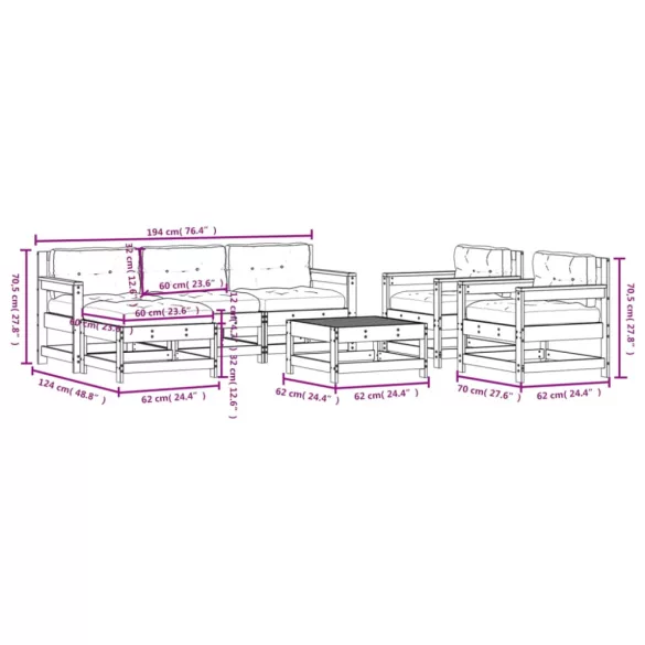 7 részes tömör duglászfenyő kerti társalgószett párnákkal