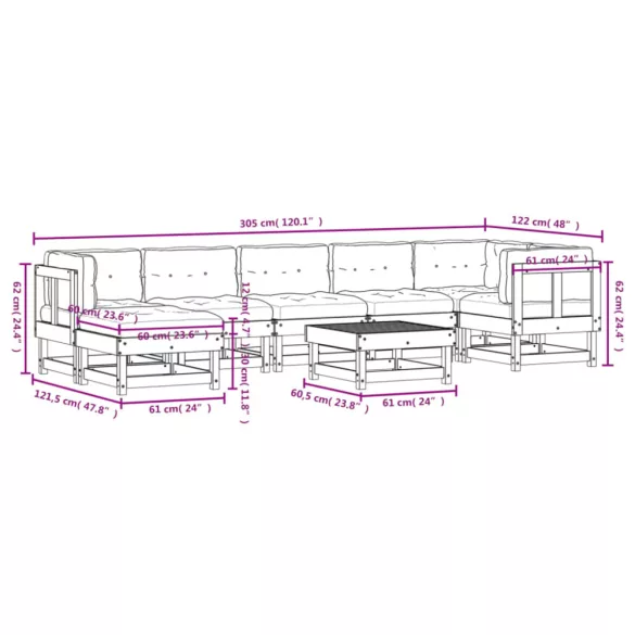 8 részes fehér tömör fa kerti ülőgarnitúra párnával