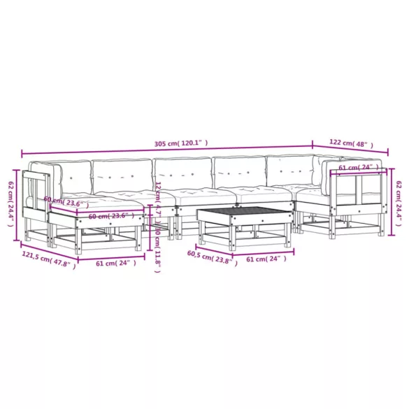 8 részes tömör duglászfenyő kerti társalgószett párnákkal