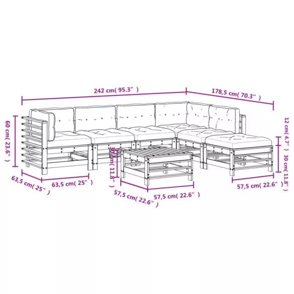 7 részes szürke tömör fa kerti ülőgarnitúra párnával