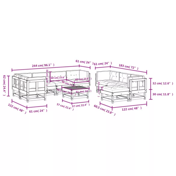 10 részes tömör duglászfenyő kerti társalgószett párnákkal