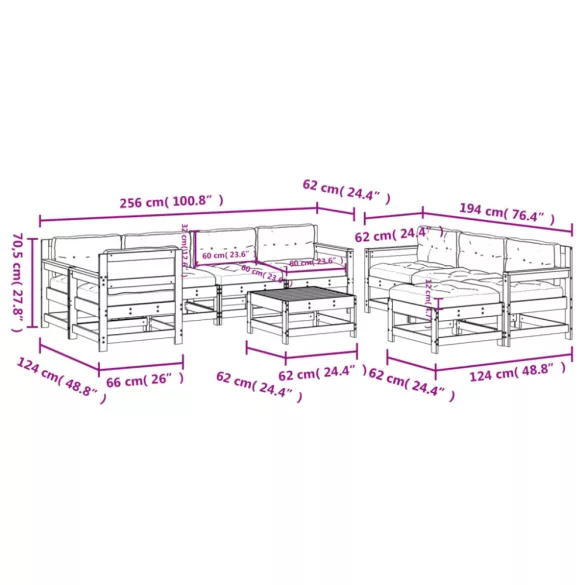 10 részes fehér tömör fa kerti társalgószett párnákkal