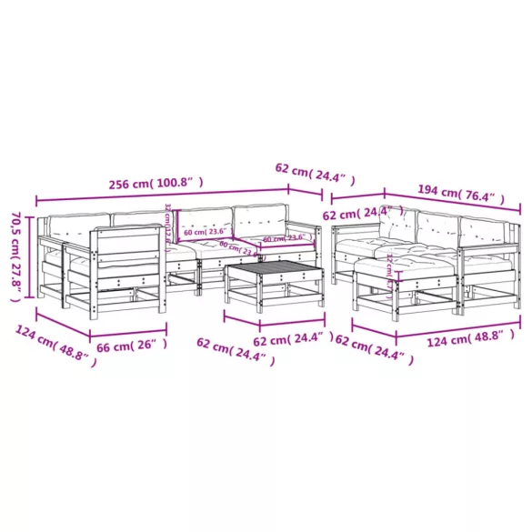 10 részes tömör fa kerti ülőgarnitúra párnával