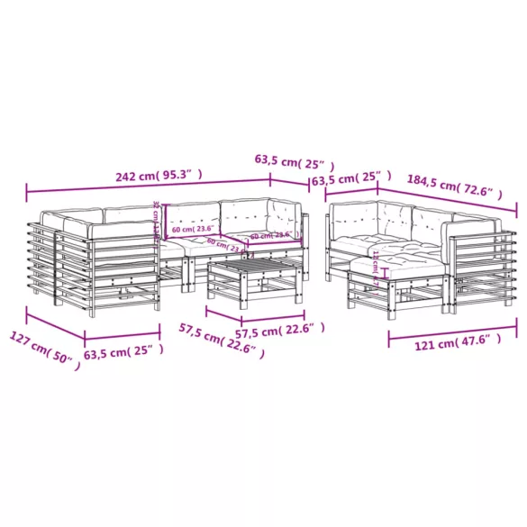 10 részes fehér tömör fa kerti társalgószett párnákkal