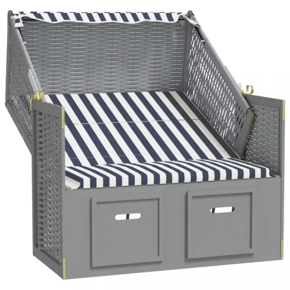 kék és fehér polyrattan és tömör fa strandszék tetővel