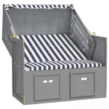 kék és fehér polyrattan és tömör fa strandszék tetővel
