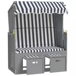 kék és fehér polyrattan és tömör fa strandszék tetővel