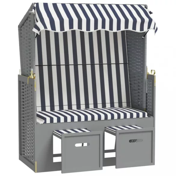 kék és fehér polyrattan és tömör fa strandszék tetővel