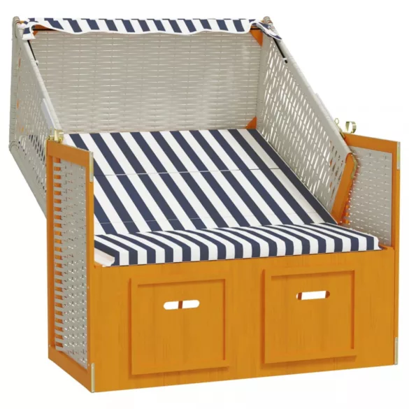 fehér és kék polyrattan és tömör fa strandszék tetővel